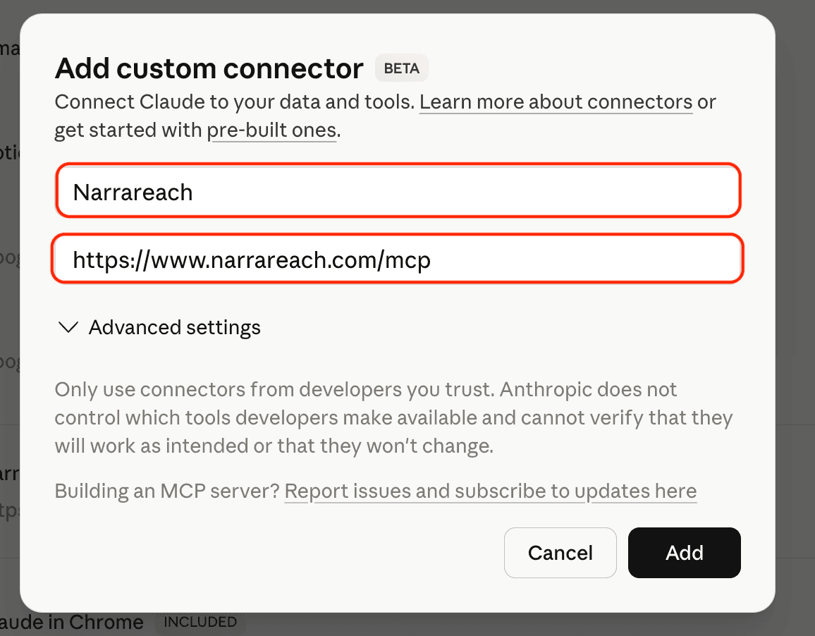 Claude custom connector form with Narrareach and the connector URL filled in