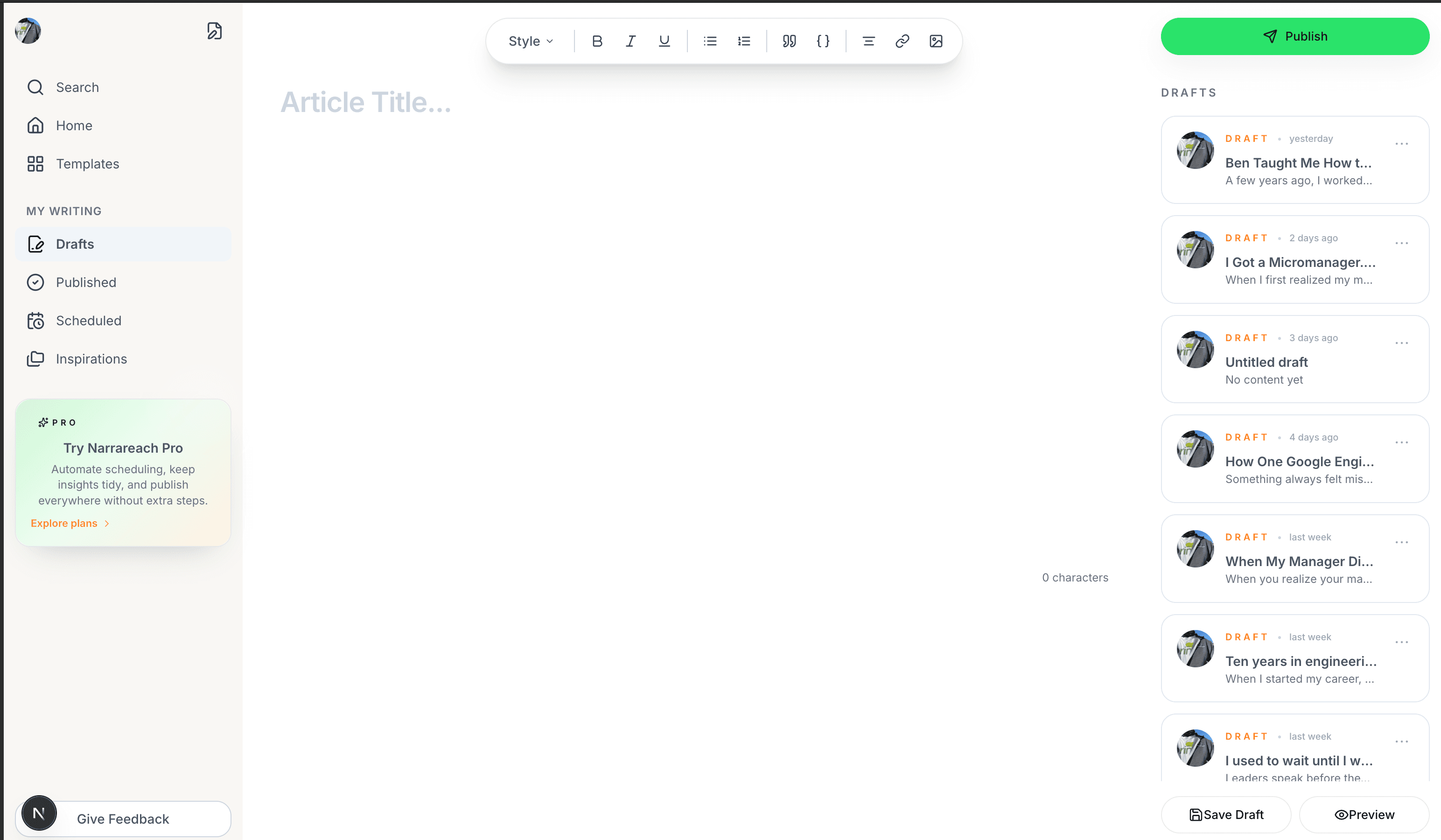 Narrareach article editor with an editable draft, formatting controls, saved drafts, preview, and publishing controls