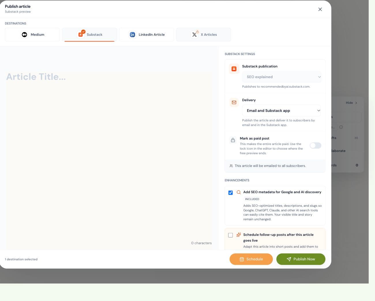 Current Narrareach publishing panel showing Medium, Substack, LinkedIn Articles, X Articles, and scheduling controls
