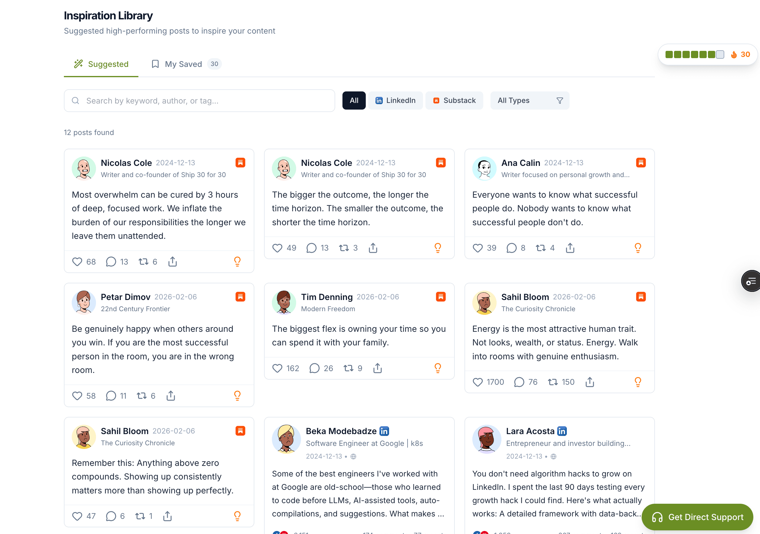 Narrareach inspiration library with high-performing posts and filters
