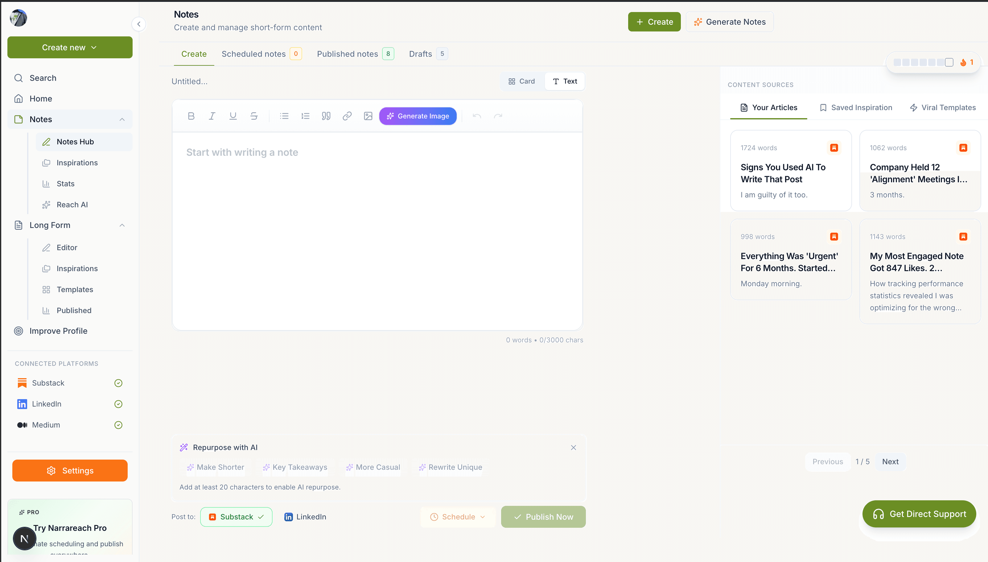 Narrareach Notes editor showing a reviewable short-form draft and publishing controls