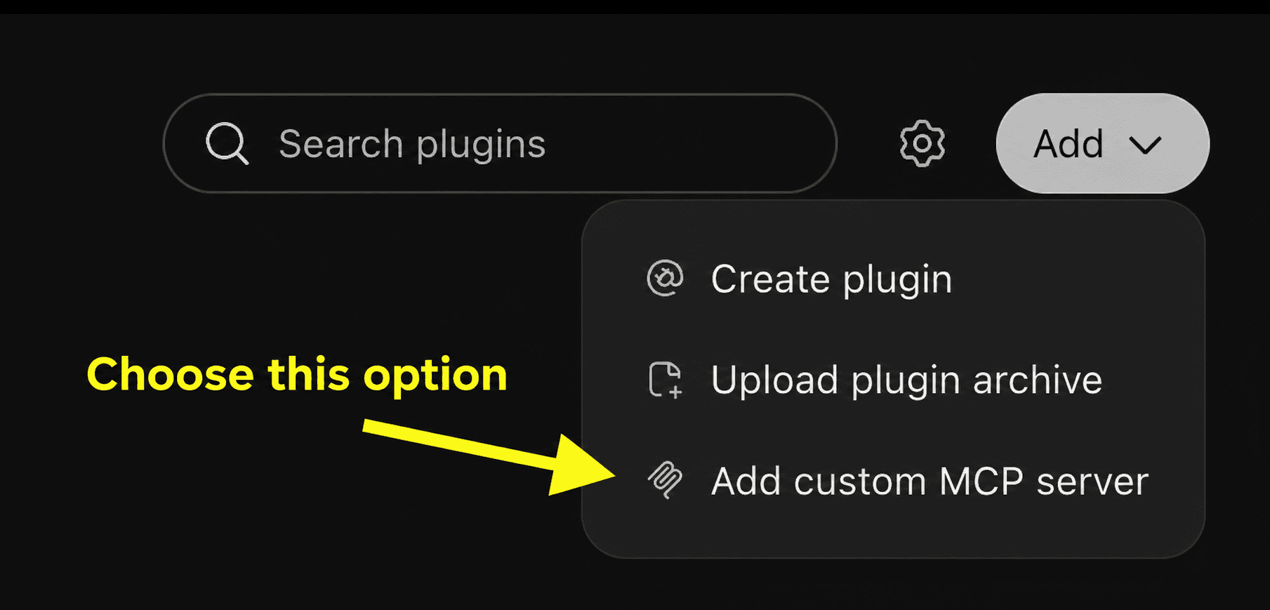 ChatGPT Add menu with a yellow arrow pointing to Add custom MCP server, the last option.