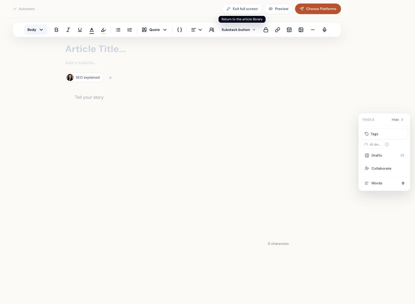 Current Narrareach article editor with AI detector, collaboration, preview, and publishing controls