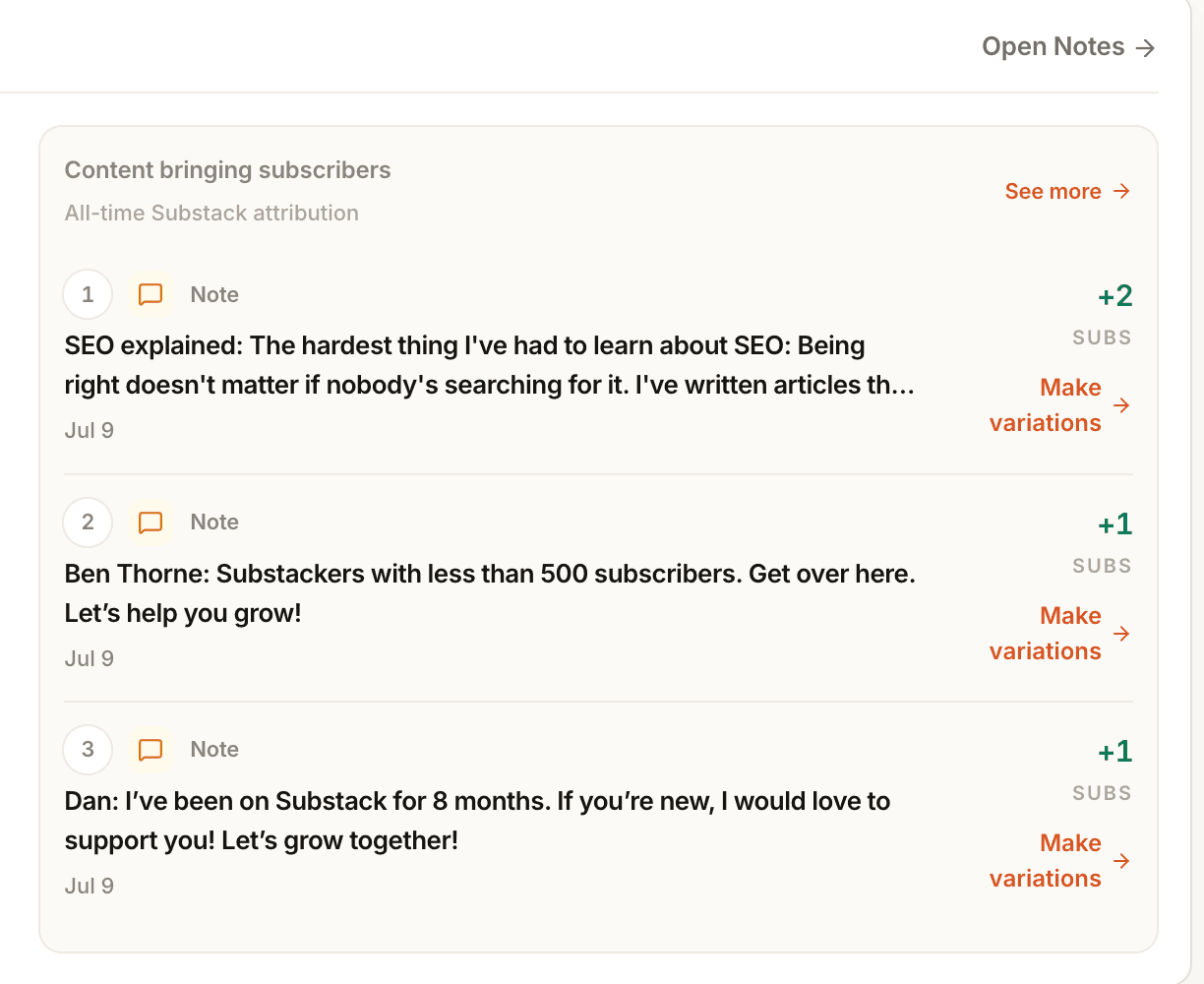 Narrareach Substack Notes attribution showing individual Notes and the subscribers each Note brought
