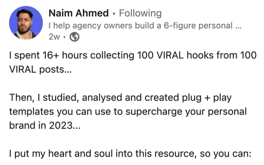 LinkedIn viral hook example screenshot